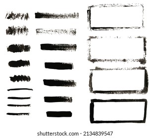 Vector collection of artistic grungy black paint hand made creative brush stroke set isolated on white background.