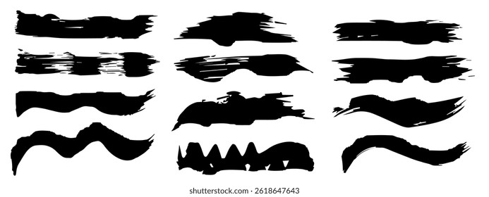 Vector collection of artistic grungy black paint hand made creative brush stroke set isolated on banner background. A group of abstract grunge sketches for design education or graphic art decoration