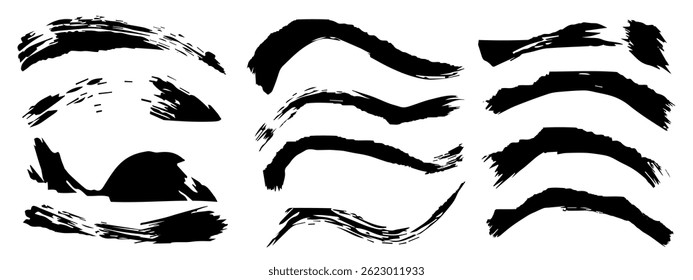 Vector collection of artistic grungy black paint hand made creative brush stroke set isolated on banner background. A group of abstract grunge sketches for design education or graphic art decoration