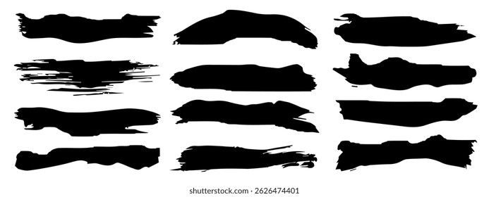 Vector collection of artistic grungy black paint hand made creative brush stroke set isolated on banner background. A group of abstract grunge sketches for design education or graphic art decoration
