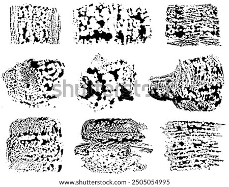 Vector collection of artistic grungy black paint hand made creative brush stroke. Wet spots with drops. Smudge dirt isolated on white background