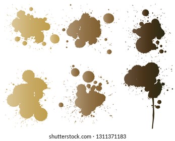 Vector collection of artistic grungy paint drop, hand made creative splash or splatter stroke set isolated white background. Abstract grunge dirty coffee stain group or graphic art vintage decoration