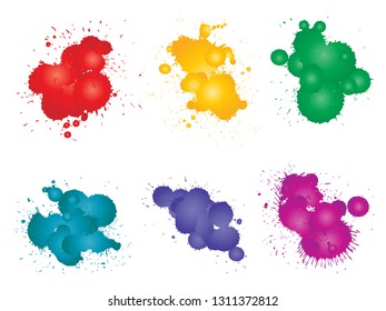 Colección vectorial de la gota artística de pintura gruesa, salpicadura creativa hecha a mano o golpe de salpicadura conjunto fondo blanco aislado. Resumen grupo de manchas sucias gruesas, educación o decoración de arte gráfico