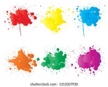 Vector collection of artistic grungy paint drop, hand made creative splash or splatter stroke set isolated white background. Abstract grunge dirty stains group, education or graphic art decoration