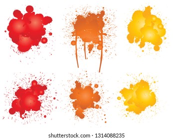 Vector collection of artistic grungy paint drop, hand made creative splash or splatter stroke set isolated white background. Abstract grunge dirty stains group, education or graphic art decoration