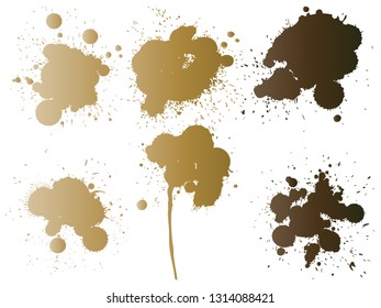 Vector collection of artistic grungy paint drop, hand made creative splash or splatter stroke set isolated white background. Abstract grunge dirty coffee stain group or graphic art vintage decoration