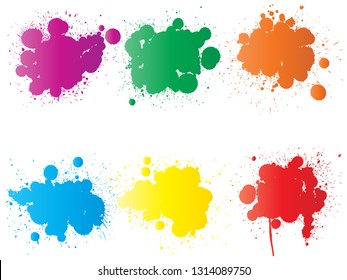 Vector collection of artistic grungy paint drop, hand made creative splash or splatter stroke set isolated white background. Abstract grunge dirty stains group, education or graphic art decoration