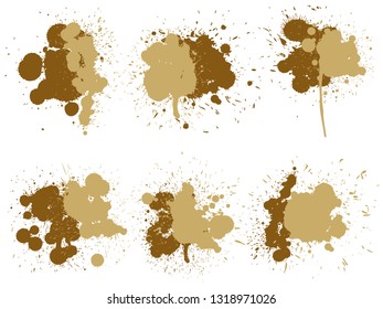 Colección vectorial de la gota artística de pintura gruesa, salpicadura creativa hecha a mano o golpe de salpicadura conjunto fondo blanco aislado. Resumen grueso mancha de café sucio grupo o arte gráfico decoración vintage