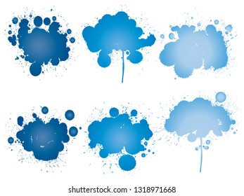 Vektorgrafik von künstlerischem grungigem Farbtropfen, handgemachte kreative Splash oder Splattschlag einzeln auf weißem Hintergrund. Abstrakte Grunge schmutzige Flecken Gruppe, Bildung oder grafische Kunstdekoration