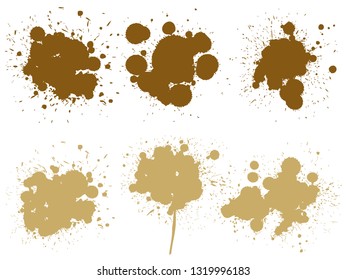 Vector collection of artistic grungy paint drop, hand made creative splash or splatter stroke set isolated white background. Abstract grunge dirty coffee stain group or graphic art vintage decoration