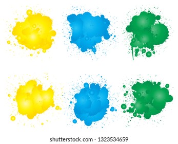 Vector collection of artistic grungy paint drop, hand made creative splash or splatter stroke set isolated white background. Abstract grunge dirty stains group, education or graphic art decoration