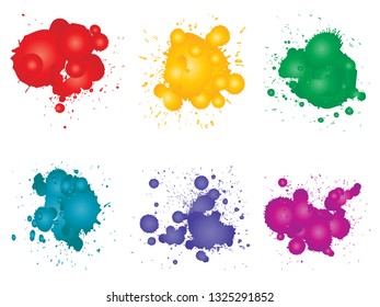 Vector collection of artistic grungy paint drop, hand made creative splash or splatter stroke set isolated white background. Abstract grunge dirty stains group, education or graphic art decoration