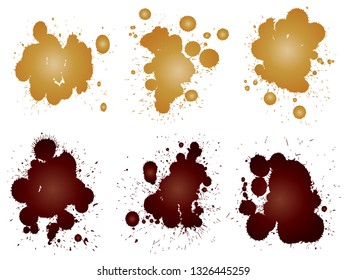 Vektorgrafik von künstlerischem grungigem Farbtropfen, handgemachte kreative Splash oder Splattschlag einzeln auf weißem Hintergrund. Abstrakte Grunge schmutzige Kaffeefleckgruppe oder grafische Vintage-Dekoration