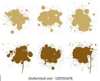 Vector collection of artistic grungy paint drop, hand made creative splash or splatter stroke set isolated white background. Abstract grunge dirty coffee stain group or graphic art vintage decoration
