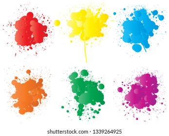 Vector collection of artistic grungy paint drop, hand made creative splash or splatter stroke set isolated white background. Abstract grunge dirty stains group, education or graphic art decoration