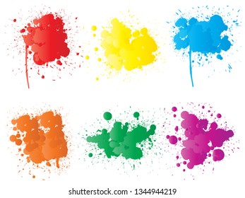 Vektorgrafik von künstlerischem grungigem Farbtropfen, handgemachte kreative Splash oder Splattschlag einzeln auf weißem Hintergrund. Abstrakte Grunge schmutzige Flecken Gruppe, Bildung oder grafische Kunstdekoration