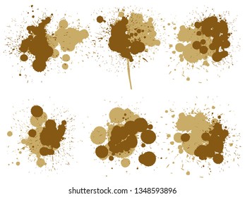 Vector collection of artistic grungy paint drop, hand made creative splash or splatter stroke set isolated white background. Abstract grunge dirty coffee stain group or graphic art vintage decoration