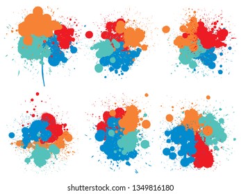 Vector collection of artistic grungy paint drop, hand made creative splash or splatter stroke set isolated white background. Abstract grunge dirty stains group, education or graphic art decoration