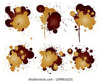 Vector collection of artistic grungy paint drop, hand made creative splash or splatter stroke set isolated white background. Abstract grunge dirty coffee stain group or graphic art vintage decoration