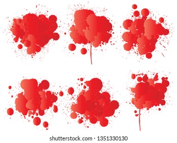 Vektorgrafik von künstlerischem grungigem Farbtropfen, handgemachte kreative Splash oder Splattschlag einzeln auf weißem Hintergrund. Abstrakte Grunge schmutzige Flecken Gruppe, Bildung oder grafische Kunstdekoration