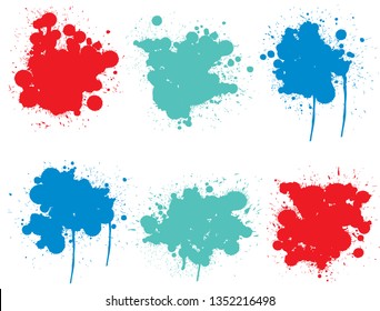 Vector collection of artistic grungy paint drop, hand made creative splash or splatter stroke set isolated white background. Abstract grunge dirty stains group, education or graphic art decoration