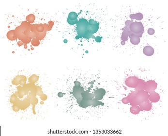 Vector collection of artistic grungy paint drop, hand made creative splash or splatter stroke set isolated white background. Abstract grunge dirty stains group, education or graphic art decoration