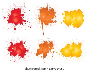 Vector collection of artistic grungy paint drop, hand made creative splash or splatter stroke set isolated white background. Abstract grunge dirty stains group, education or graphic art decoration