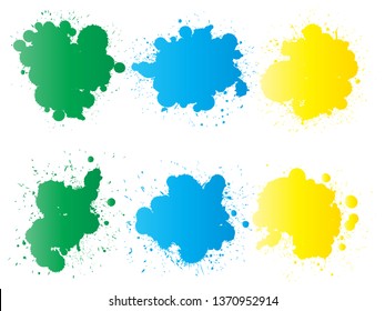 Vektorgrafik von künstlerischem grungigem Farbtropfen, handgemachte kreative Splash oder Splattschlag einzeln auf weißem Hintergrund. Abstrakte Grunge schmutzige Flecken Gruppe, Bildung oder grafische Kunstdekoration