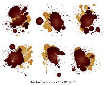 Vector collection of artistic grungy paint drop, hand made creative splash or splatter stroke set isolated white background. Abstract grunge dirty coffee stain group or graphic art vintage decoration