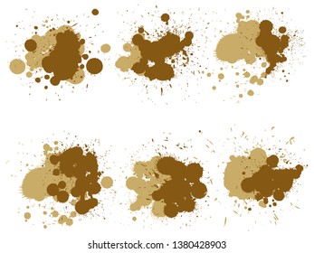 Vector collection of artistic grungy paint drop, hand made creative splash or splatter stroke set isolated white background. Abstract grunge dirty coffee stain group or graphic art vintage decoration
