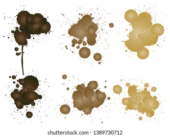 Colección vectorial de la gota artística de pintura gruesa, salpicadura creativa hecha a mano o golpe de salpicadura conjunto fondo blanco aislado. Resumen grueso mancha de café sucio grupo o arte gráfico decoración vintage