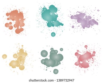 Vector collection of artistic grungy paint drop, hand made creative splash or splatter stroke set isolated white background. Abstract grunge dirty stains group, education or graphic art decoration