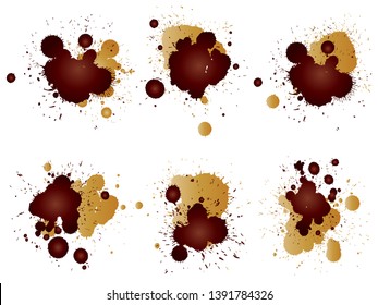 Colección vectorial de la gota artística de pintura gruesa, salpicadura creativa hecha a mano o golpe de salpicadura conjunto fondo blanco aislado. Resumen grueso mancha de café sucio grupo o arte gráfico decoración vintage
