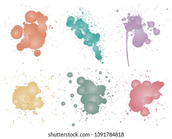 Colección vectorial de la gota artística de pintura gruesa, salpicadura creativa hecha a mano o golpe de salpicadura conjunto fondo blanco aislado. Resumen grupo de manchas sucias gruesas, educación o decoración de arte gráfico