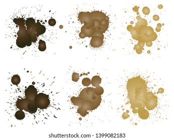 Vector collection of artistic grungy paint drop, hand made creative splash or splatter stroke set isolated white background. Abstract grunge dirty coffee stain group or graphic art vintage decoration