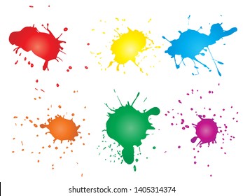 Vector collection of artistic grungy paint drop, hand made creative splash or splatter stroke set isolated white background. Abstract grunge dirty stains group, education or graphic art decoration