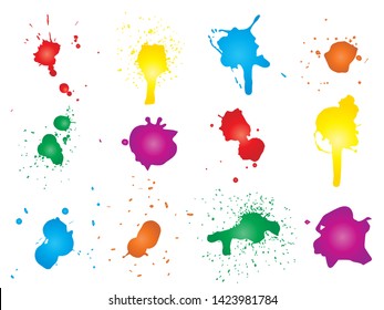 Vector collection of artistic grungy paint drop, hand made creative splash or splatter stroke set isolated white background. Abstract grunge dirty stains group, education or graphic art decoration