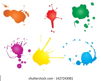 Vector collection of artistic grungy paint drop, hand made creative splash or splatter stroke set isolated white background. Abstract grunge dirty stains group, education or graphic art decoration