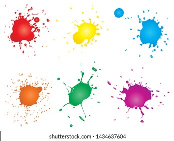 Vector collection of artistic grungy paint drop, hand made creative splash or splatter stroke set isolated white background. Abstract grunge dirty stains group, education or graphic art decoration