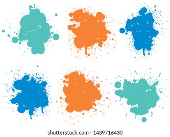 Vector collection of artistic grungy paint drop, hand made creative splash or splatter stroke set isolated white background. Abstract grunge dirty stains group, education or graphic art decoration