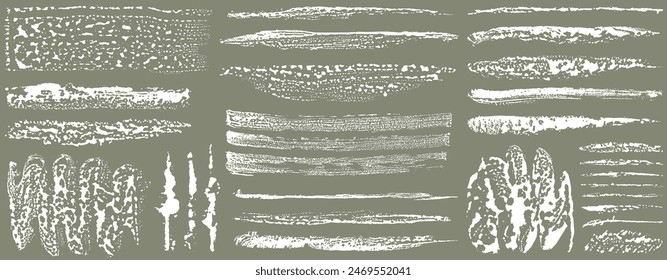 Vector collection of artistic grungy white paint hand made creative brush stroke. Wet spots with drops. Smudge dirt isolated on gray background