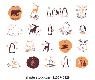 Vector collection of artistic hand drawn christmas decor elements compositions in sketch style - penguin, deer, polar bear, fir tree etc. Good for congratulation cards, gift tags, packaging design.