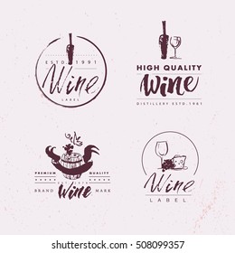 Vector Collection Of Artistic Hand Drawn Wine Logo Isolated On White Background. Ink Drawing. Alcohol Company Brand Mark Design Emblem. 