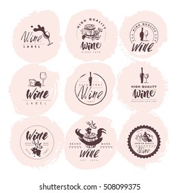 Vector collection of artistic hand drawn wine logo isolated on white background. Ink drawing. Alcohol company brand mark design emblem. 