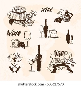 Vector Collection Of Artistic Hand Drawn Wine Logo Elements Isolated On White Background. Ink Drawing Illustration. Alcohol Company Brand Mark Design Emblem. 