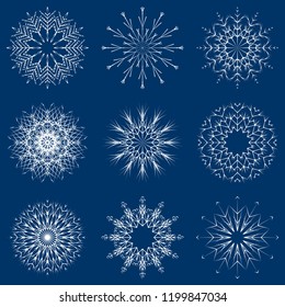 Vector collection of artistic icy abstract crystal snow flakes isolated on background as winter december decoration group or collection. Ice or frost beautiful star ornament silhouette or season art