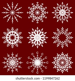 Colección vectorial de copos artísticos de nieve abstracta de cristal aislados en el fondo como grupo de decoración o colección de diciembre de invierno. Hielo o escarcha hermosa silueta de ornamento estrella o arte de temporada