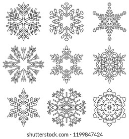 Vector collection of artistic icy abstract crystal snow flakes isolated on background as winter december decoration group or collection. Ice or frost beautiful star ornament silhouette or season art
