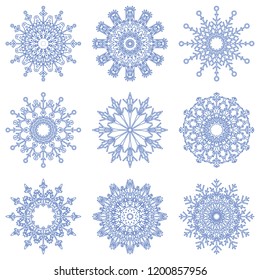 Vector collection of artistic icy abstract crystal snow flakes isolated on background as winter december decoration group or collection. Ice or frost beautiful star ornament silhouette or season art
