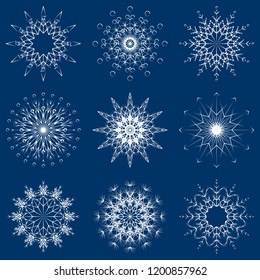 Vector collection of artistic icy abstract crystal snow flakes isolated on background as winter december decoration group or collection. Ice or frost beautiful star ornament silhouette or season art